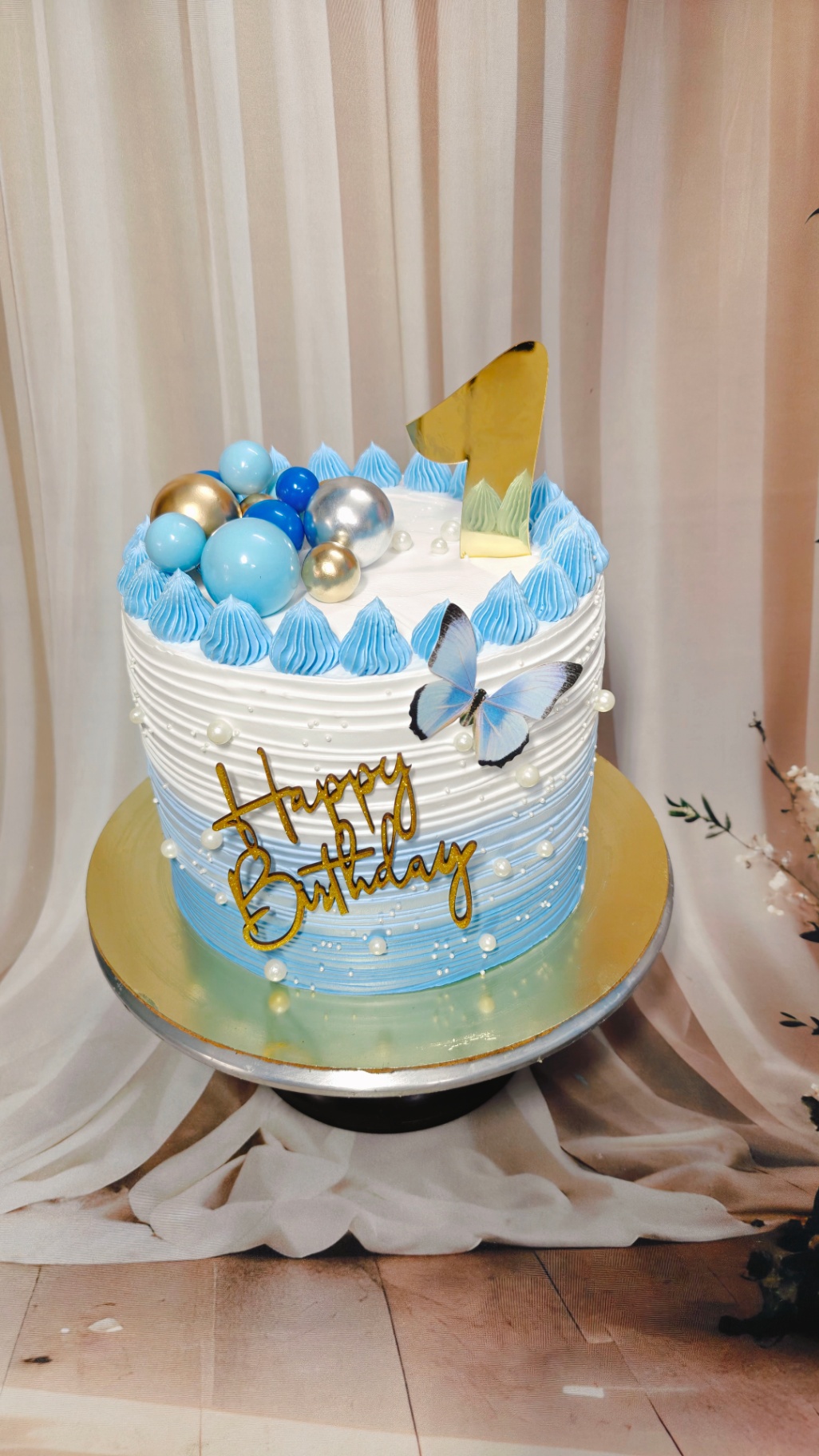 Blue & White First Birthday Butterfly Budget Cake