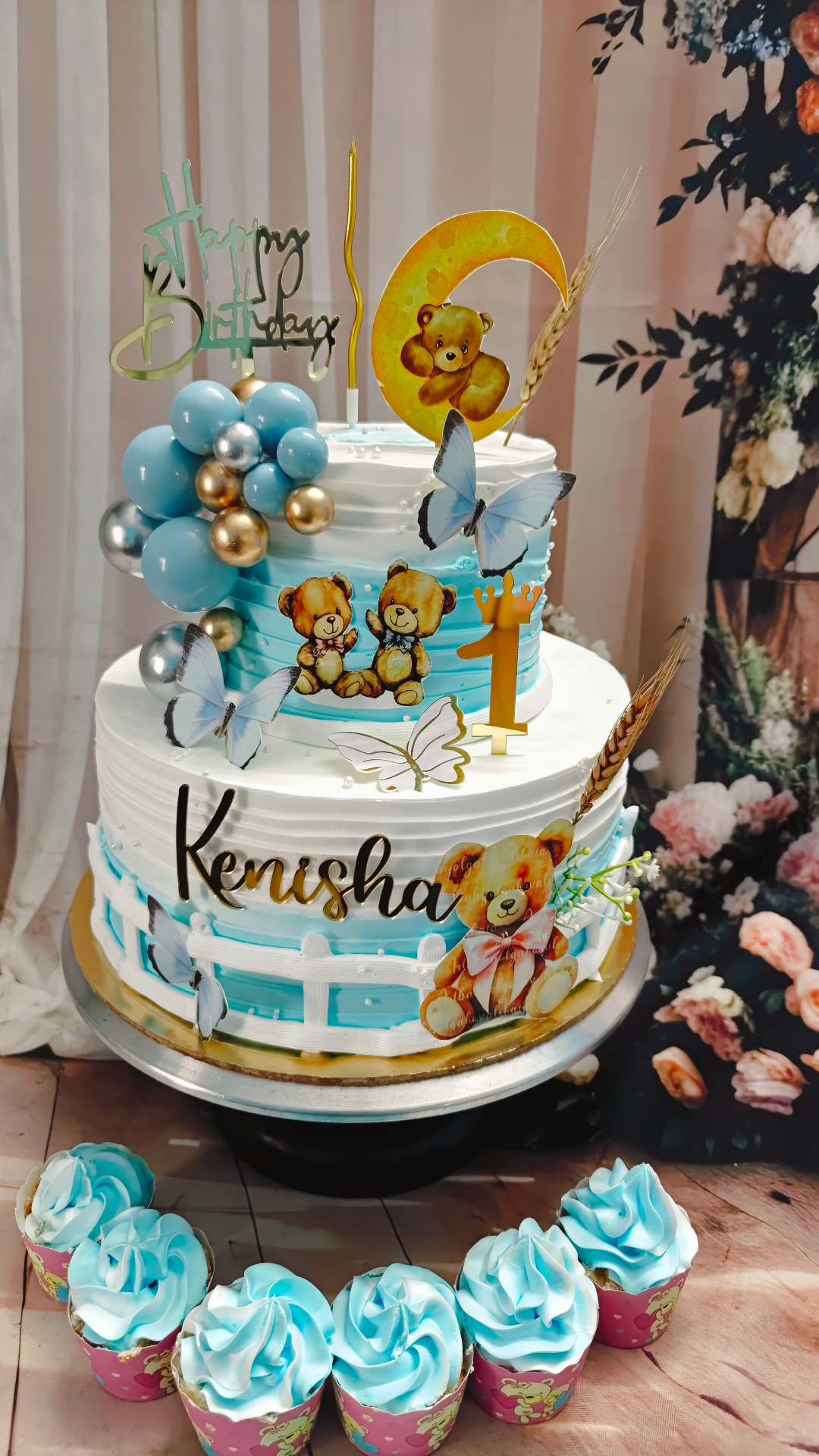 Teddy & Moon Blue Birthday Cake