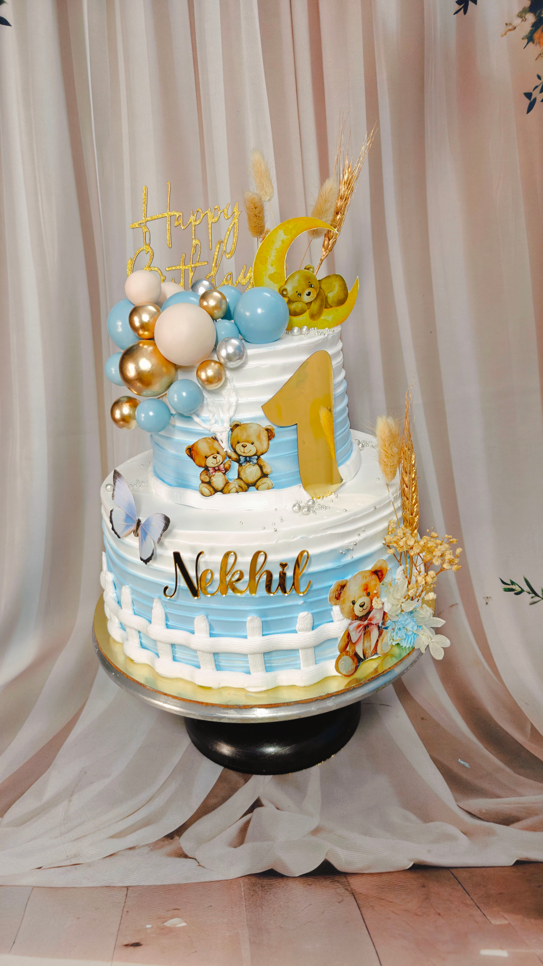 Teddy & Balloons Blue Birthday Cake